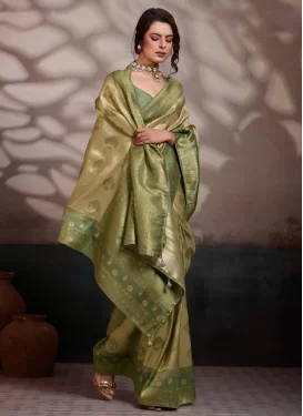 Kanjivaram Silk Classic Saree in Cream and Olive with Woven Work for Women