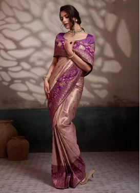 Kanjivaram Silk Trendy Saree with Woven Work for Ceremonial in Purple and Salmon