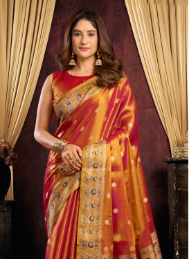 Tissue Trendy Saree in Orange with Woven Work for Women