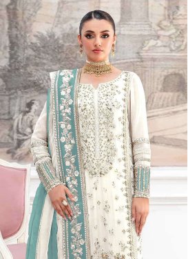 Organza Pakistani Suit with Embroidered Work in Aqua Blue and White for Ceremonial