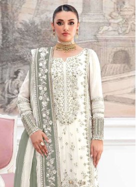 Embroidered Work Pakistani Suit For Ceremonial in Off White and Sea Green