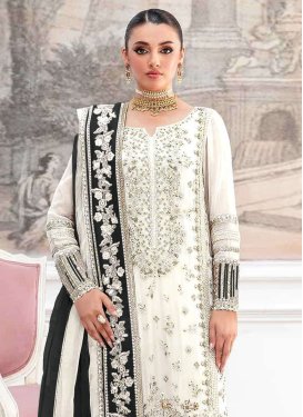 Embroidered Work Organza Pakistani Suit in Black and Off White for Women