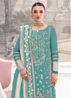 Organza Pakistani Suit with Embroidered Work in Turquoise for Ceremonial