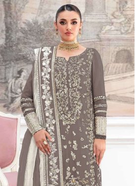 Organza Pakistani Suit with Embroidered Work for Festival in Grey