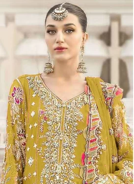 Mustard Chiffon Pakistani Suit with Embroidered Work for Ceremonial