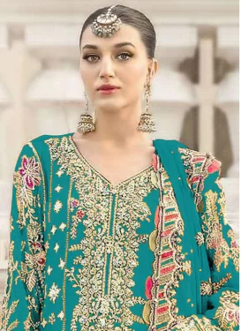 Georgette Pakistani Suit in Aqua Blue with Embroidered Work for Ceremonial