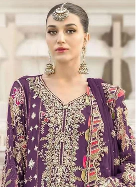 Chiffon Pakistani Suit with Embroidered Work for Festival in Purple
