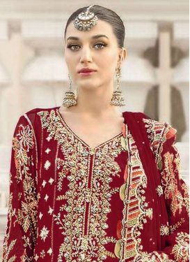 Embroidered Work Chiffon Pakistani Suit in Crimson for Women