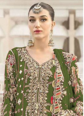 Olive Chiffon Pakistani Suit with Embroidered Work for Festival