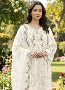 Chiffon Pakistani Suit with Embroidered Work for Festival in Off White