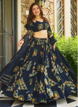 Crepe Silk Readymade Lehenga Choli with Digital Print Work for Festival in Navy Blue