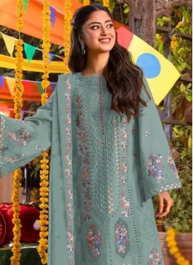 Chiffon Palazzo Suit with Embroidered Work in Aqua Blue