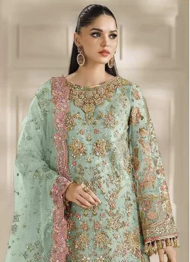 Embroidered Work Chiffon Palazzo Suit in Turquoise for Women