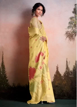 Linen Trendy Saree with Woven Work for Women in Yellow