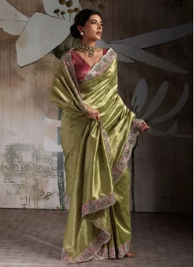 Embroidered Work Traditional Saree For Festival in Olive
