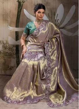 Banarasi Silk Trendy Saree with Embroidered Work for Women in Lavender
