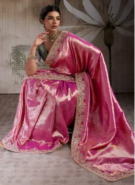 Banarasi Silk Trendy Saree with Embroidered Work in Rose Pink for Festival