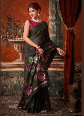 Cotton Silk Traditional Saree in Black with Woven Work for Festival