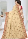Satin Silk Cream and Red Embroidered Work Classic Saree - 2