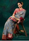 Organza Woven Work Grey and Red Designer Contemporary Style Saree - 2