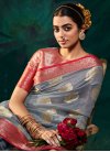 Organza Woven Work Grey and Red Designer Contemporary Style Saree - 1