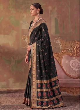 Woven Work Silk Blend Traditional Saree in Black for Festival