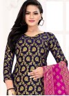 Magenta and Navy Blue Woven Work Trendy Churidar Suit - 1