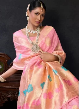 Organza Traditional Saree with Woven Work in Hot Pink