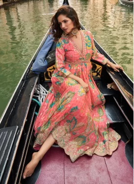 Chinon Designer Gown in Salmon with Digital Print Work for Festival