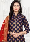 Woven Work Art Silk Navy Blue and Red Trendy Churidar Suit - 1