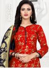 Woven Work Navy Blue and Red Art Silk Trendy Churidar Suit - 1