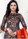 Navy Blue and Red Woven Work Trendy Churidar Salwar Suit - 1
