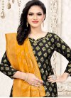 Art Silk Black and Gold Woven Work Trendy Churidar Salwar Kameez - 1