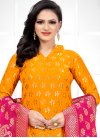Mustard and Rose Pink Woven Work Trendy Churidar Salwar Suit - 1