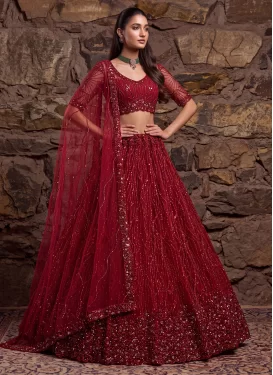 Red Net Trendy Lehenga Choli with Embroidered Work for Bridal
