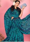 Faux Georgette Navy Blue and Teal Digital Print Work Trendy Classic Saree - 1