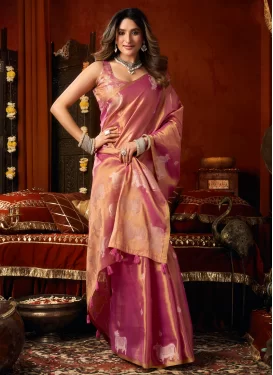Woven Work Tissue Trendy Saree in Rose Pink for Ceremonial