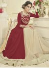 Crimson and Off White Embroidered Work Designer Kameez Style Lehenga Choli - 1