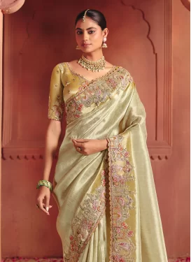 Embroidered Work Jacquard Silk Traditional Saree in Cream for Bridal