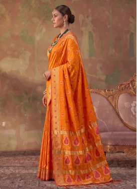 Silk Blend Traditional Saree with Woven Work in Orange