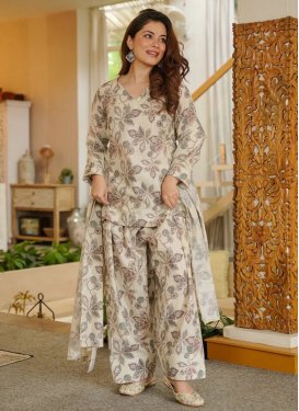 Cotton Digital Print Work Readymade Salwar Suit in Off White