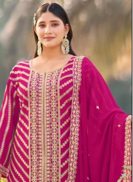 Embroidered Work Georgette Palazzo Suit in Rose Pink for Women