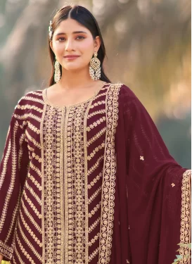 Embroidered Work Georgette Palazzo Suit in Maroon for Ceremonial