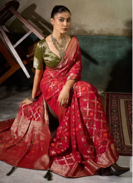 Woven Work Georgette Traditional Saree in Red for Women