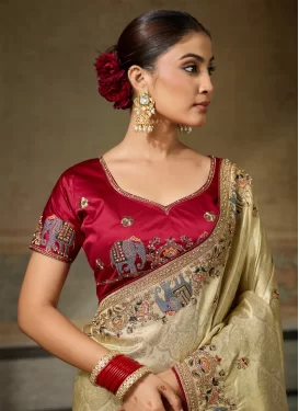 Beads Work Jacquard Silk Trendy Saree in Cream for Women