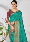Aqua Blue and Maroon Woven Work Contemporary Style Saree - 1