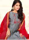 Cotton Grey and Red Embroidered Work Pant Style Salwar Kameez - 1