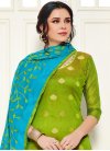 Art Silk Firozi and Olive Woven Work Trendy Churidar Salwar Suit - 1