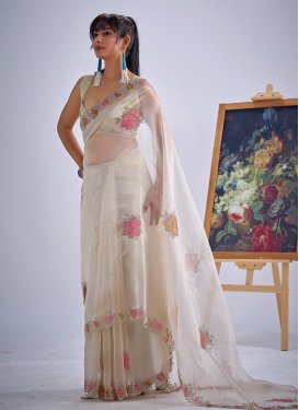 Beige Organza Classic Saree with Digital Print Work for Festival