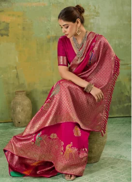 Silk Blend Traditional Saree in Rose Pink with Woven Work for Casual